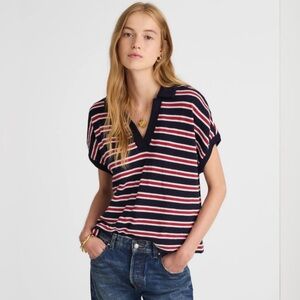 Madewell Relaxed V-Neck Polo Shirt in Stripe, Size XL